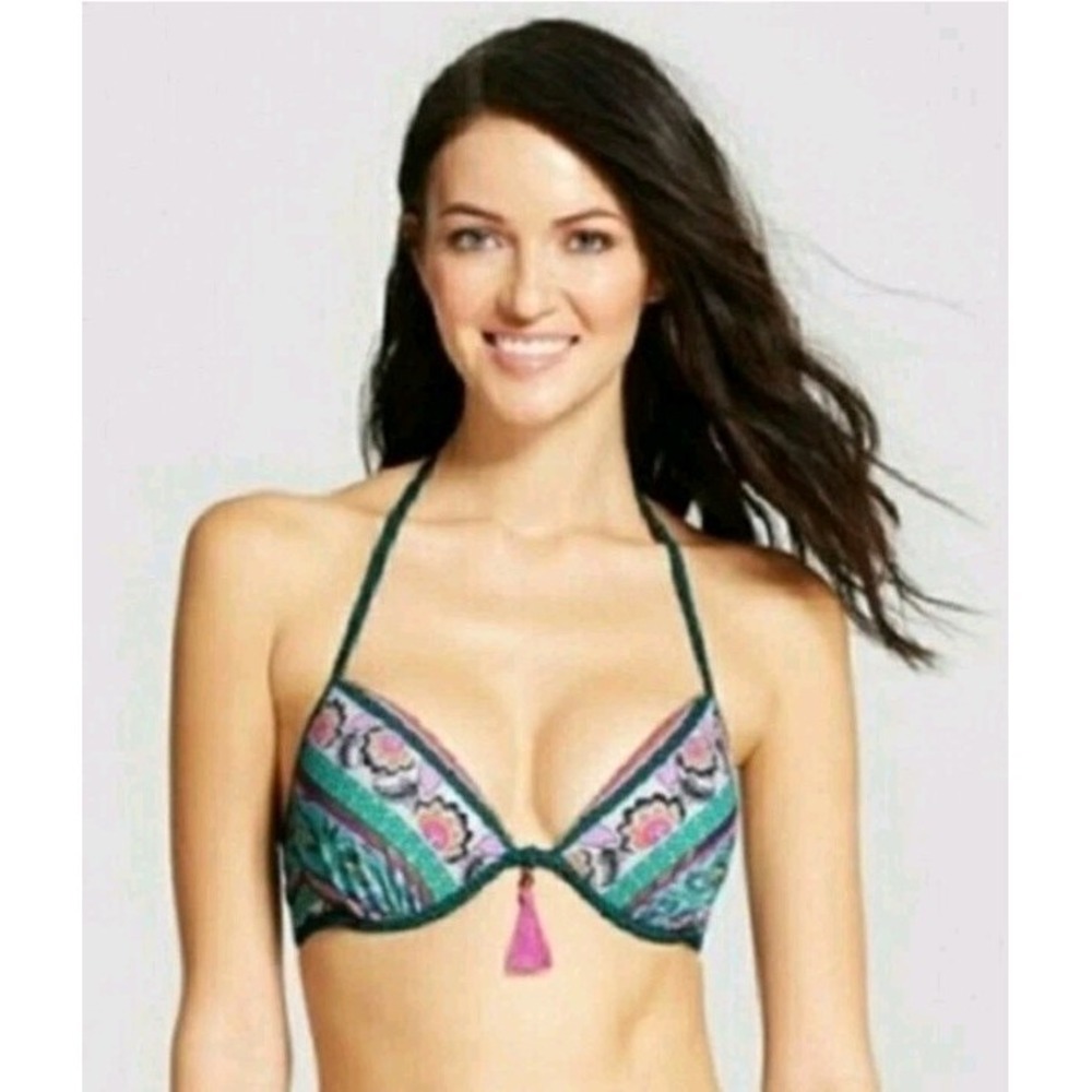 Shade & Shore Multicolor Halter Push Up Plunge Swim Bikini Top Underwire Sz 36C